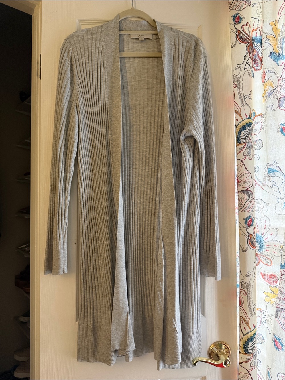 LOFT Light Gray Ribbed Open Front Cardigan